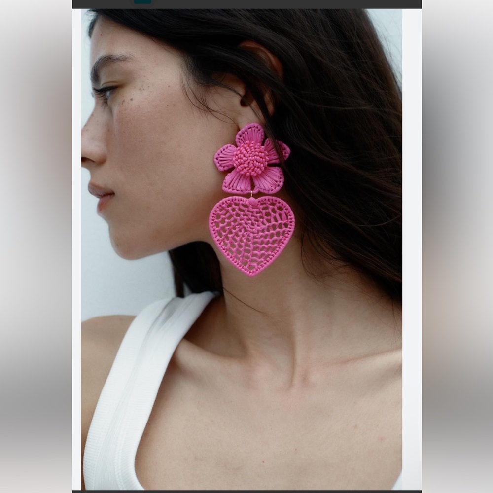 Zara Pink Crochet Flower & Heart Drop Earrings